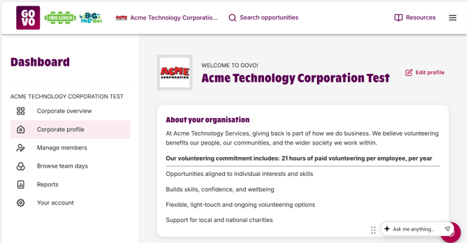 corporate profile view on your dashboard