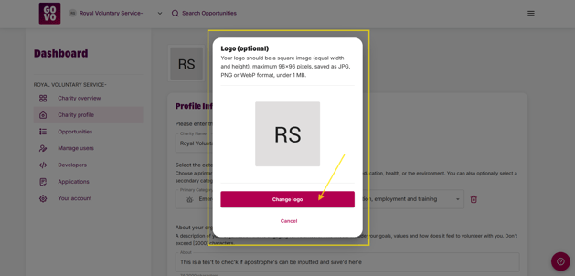 An image showing the pop up with change logo button